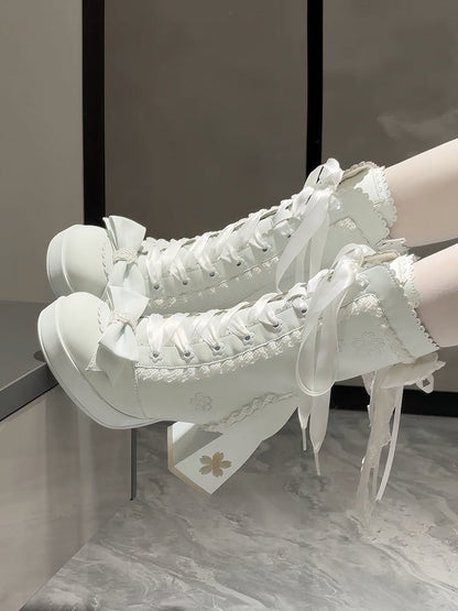 Sweet Heel Accents Sakura White Design Mid-calf Cut-out Lolita with Bow Boots