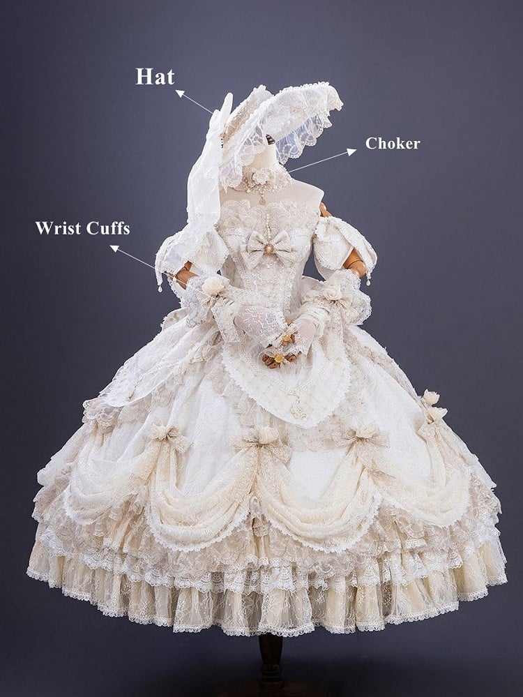 Hime Off-Shoulder Layered Hanayome Ruffles with Gown Lace Details Champagne and Bow Lolita Version Short
