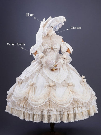 Hime Off-Shoulder Layered Hanayome Ruffles with Gown Lace Details Champagne and Bow Lolita Version Short