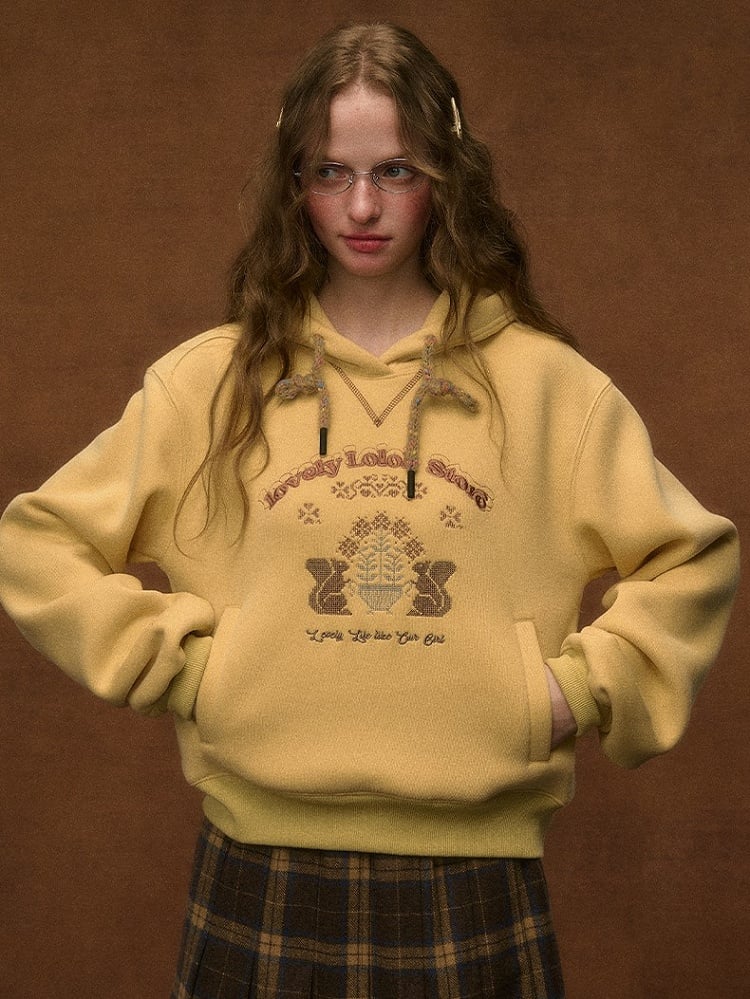 Style Preppy Squirrel Embroidery with Drawstring Hood Yellow Hoodie