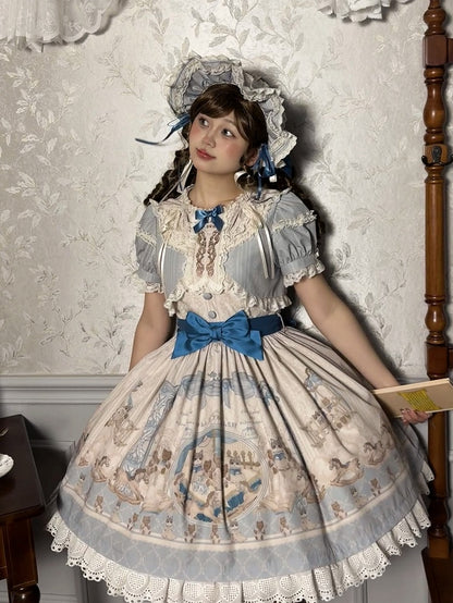 Print Round Blue Sweet Neck Dress Kitty OP Lolita Ruffle Teddy and
