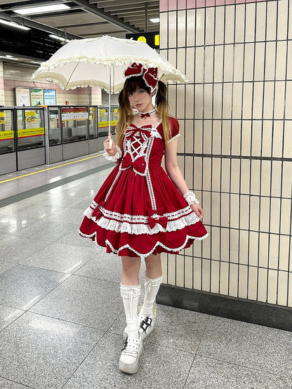 Old School Stück und Quadrat Kleid Baumwolle Kurze Rote Puffärmel Ein Ausschnitt Lolita