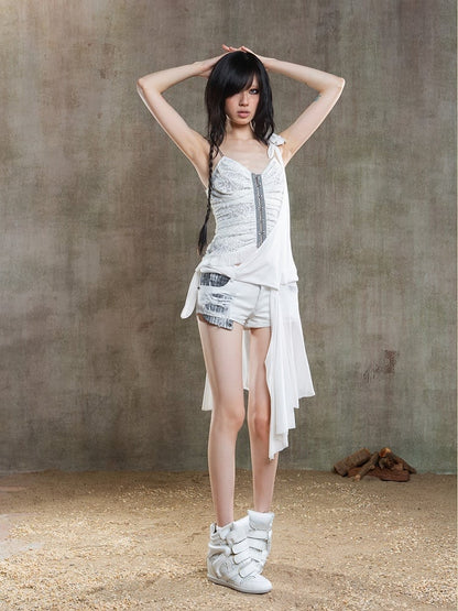 Punk Crisscross Cami Embroidered Floral with Lacing Top Beige Back Gothic