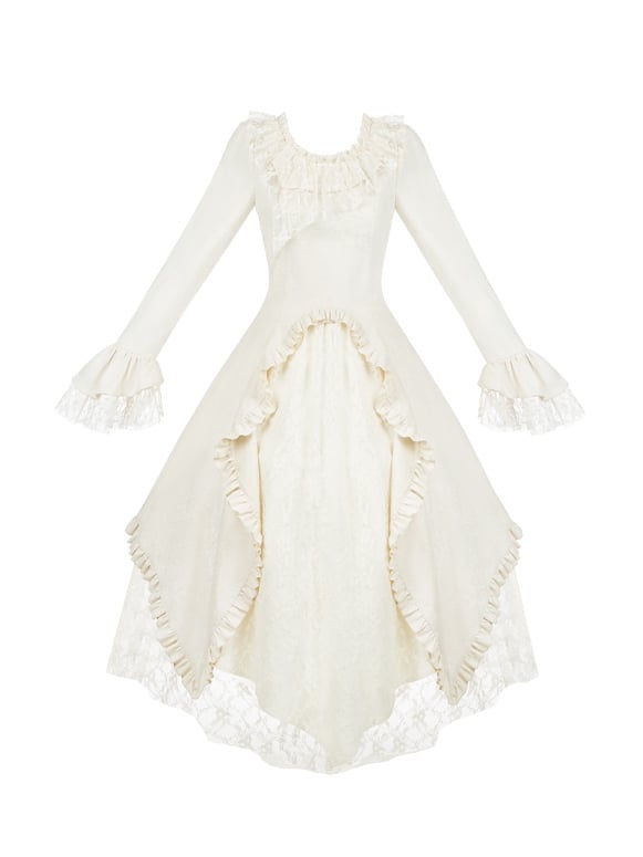 Beigefarbenes Lolita-Kleid mit Spitzenaufnähern und unregelmäßigem Rock aus rosengeprägtem Stoff