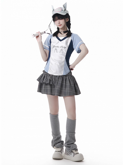 グレーのゴムウエストティアードチェックスカート