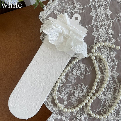 Details Lace Bowknot Hollow-out Socks Trim Black/White/Apricot