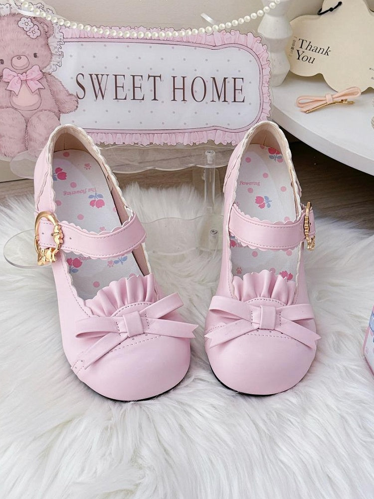 Janes Mary - Toe Lolita Pink with Mid Bow Heel PU Sweet Round