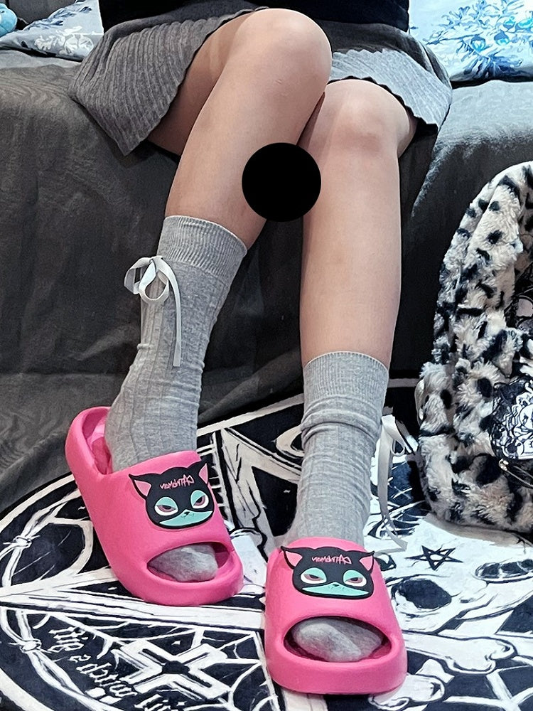 Slippers Summer Cat Gothic Black and With Applique Pink Green