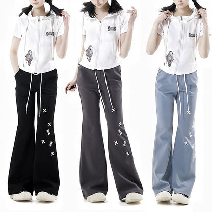 Schlaghose mit Knochenstickerei und Kordelzug in der Taille, Schwarz/Blau/Grau