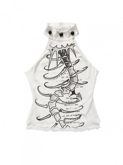 Details Print with Halter Bead Punk White Graphic Spine Top