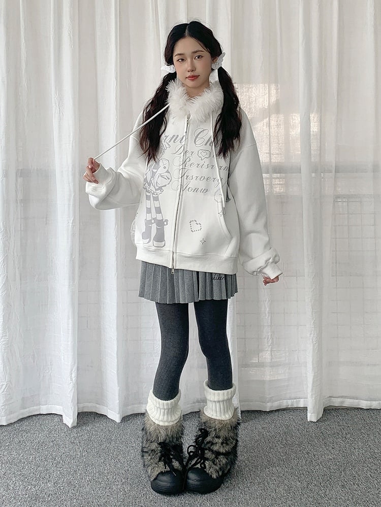Haut à capuche blanc en peluche style Y2K avec bordure de veste