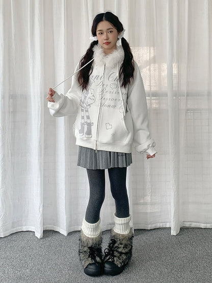 Haut à capuche blanc en peluche style Y2K avec bordure de veste