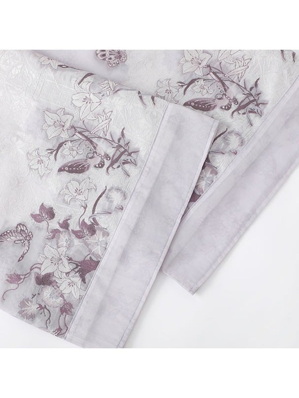 Ivory Violet Oriental Wide-Sleeve Floral Cardigan - Yimu Walnut