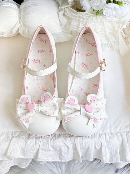 PU Pink Sweet Cute Low-heel Bear-Themed in Janes Mary Lolita White
