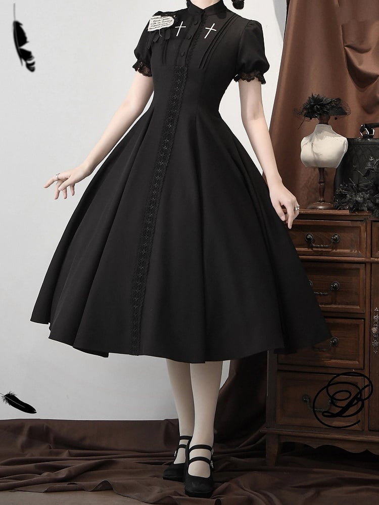 with Lolita Short Cross Nun Lace Sleeves Embroidery Black Trimmed Dress