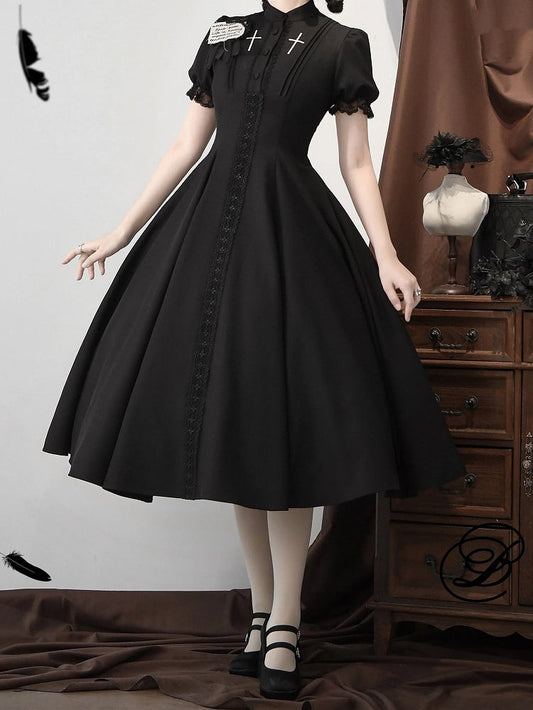 with Lolita Short Cross Nun Lace Sleeves Embroidery Black Trimmed Dress