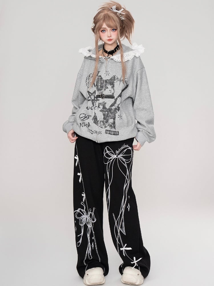 Schwarz/Hellgraue Jogginghose mit Schleife und geradem Bein