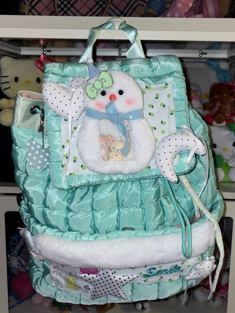 Mint Green Vintage Y2K Backpack with Snowman Detail - Black Cherry Sauce