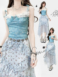 Top Holiday Trim Floral Bowknot + Details Cami Rüschen Blau
