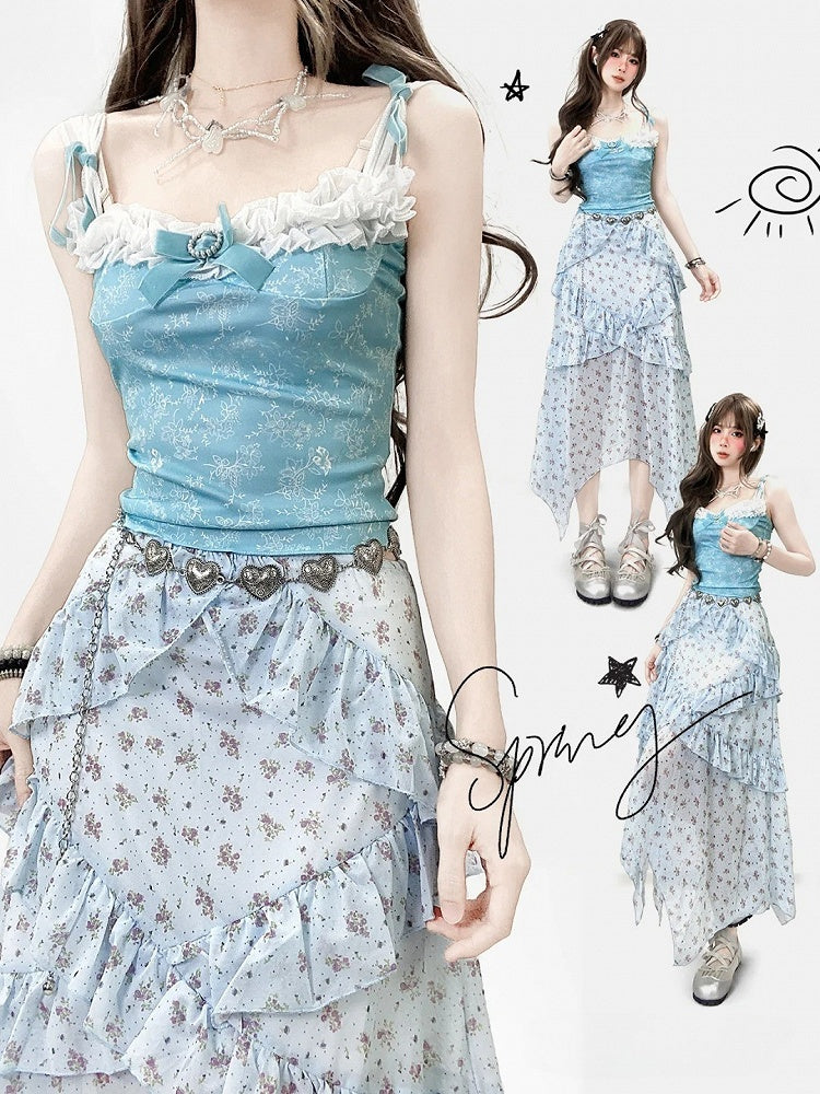 Top Holiday Trim Floral Bowknot + Details Cami Ruffles Blue