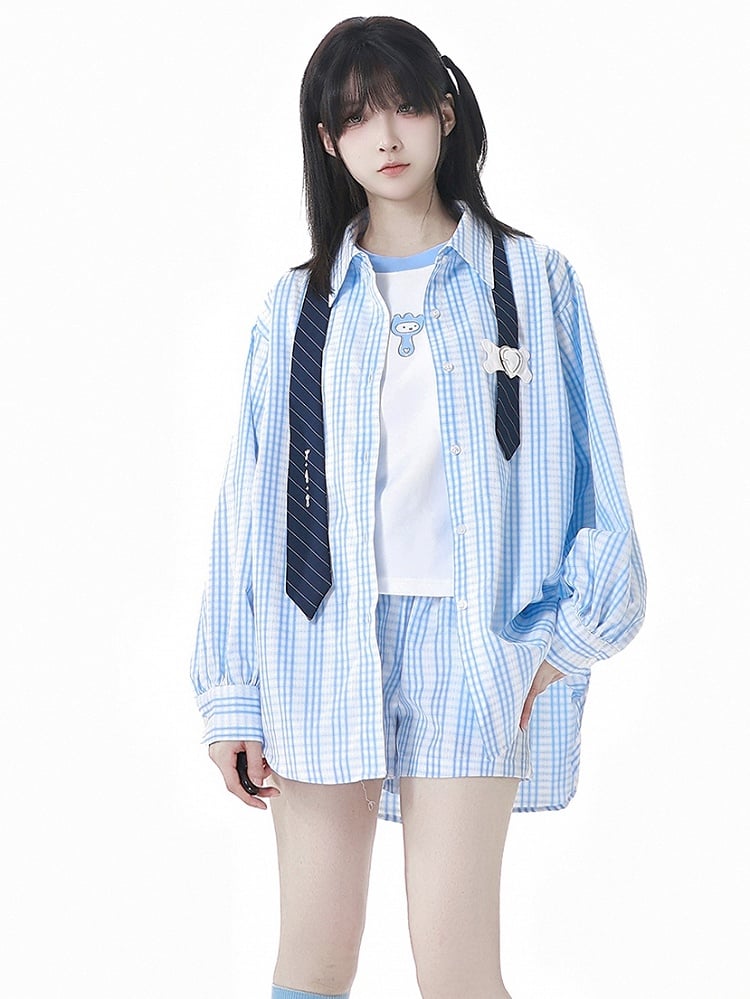 チェックシャツ ブルー＆ホワイト ネクタイデザイン ルーズ