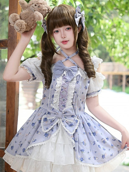 Hals Lila Hortensien Print Offene Schulter Neckholder Leicht OP Süßes Lolita Kleid