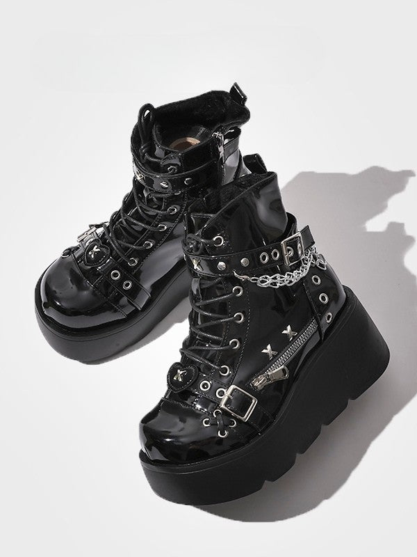 Platform Boots Ankle - Chain Black Charm Detachable Punk