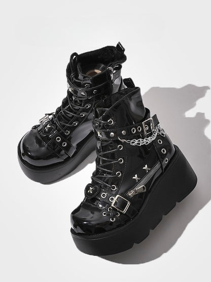 Platform Boots Ankle - Chain Black Charm Detachable Punk