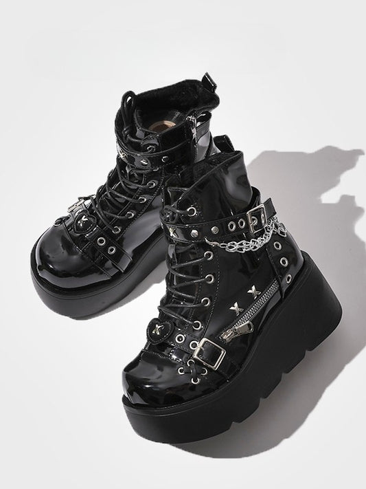 Platform Boots Ankle - Chain Black Charm Detachable Punk