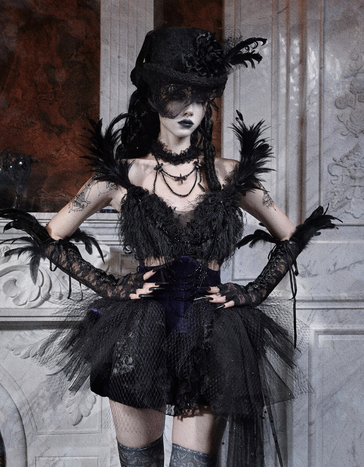 Feather-Adorned Black Dress Beaded Straps Ballet Purple and Goth Detachable Tulle Train with