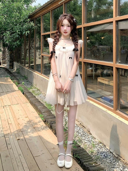 Sweet Apricot Dress with Bow and Lace Trim - Qchiwawameme