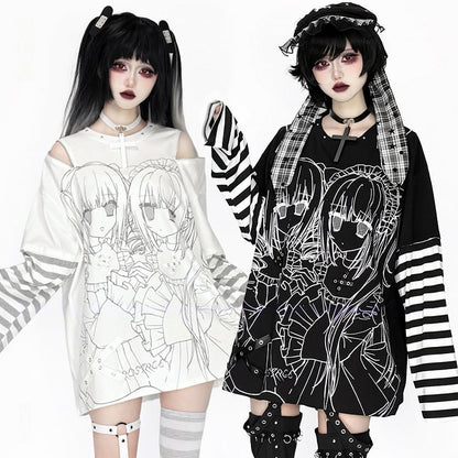 Striped Top Shoulder Black Zip-Adjustable White Jirai Printed Cutout Kei Girl