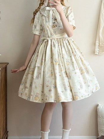 Print Version Dress Long Bear Short Sleeves Beige Lolita Sweet