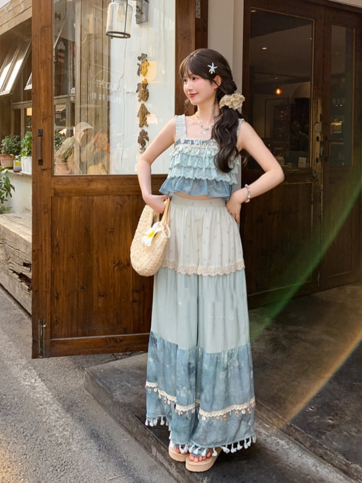 Blue Colorblock Design Tassel Hem Shell Charm Wide-Leg Holiday Pants