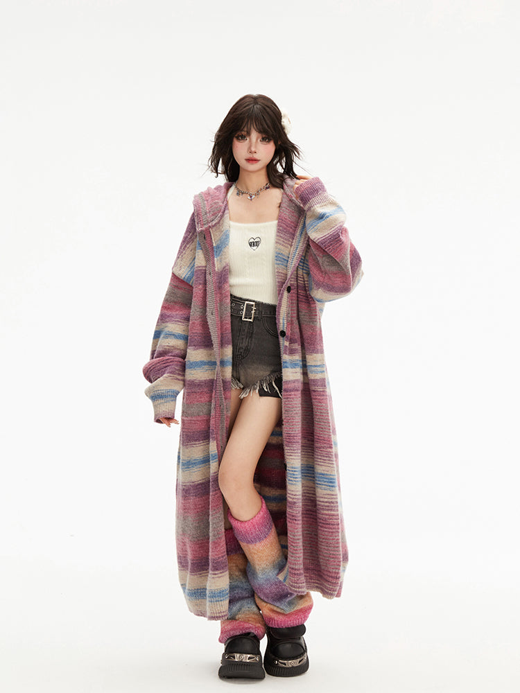 Button Placket Purple Hood Gradient Striped with Pink Knit Cardigan