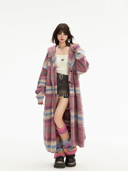 Button Placket Purple Hood Gradient Striped with Pink Knit Cardigan