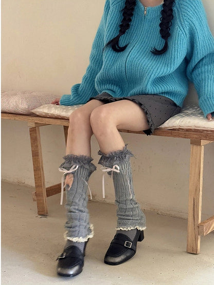 set Deer Ruffled Knit Embellished + Socks Leg Warmers Lace