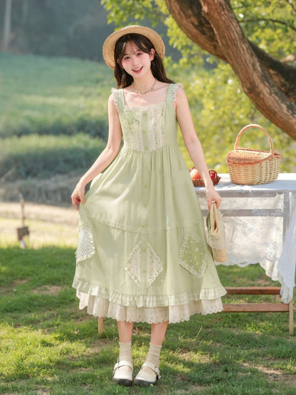 Mori Kei Green Floral Applique Sleeveless Dress