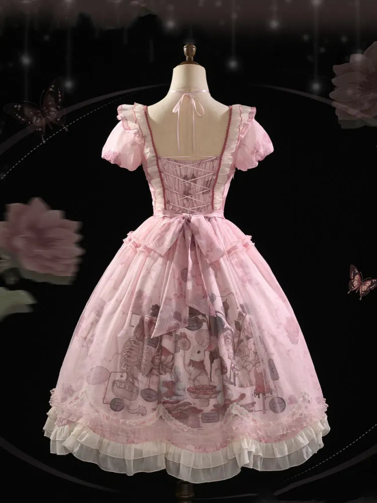 Taille gewellt rosa Trim Bunny Edge Prinzessin Kleid Rock Lolita Print Rüschen Baskisch