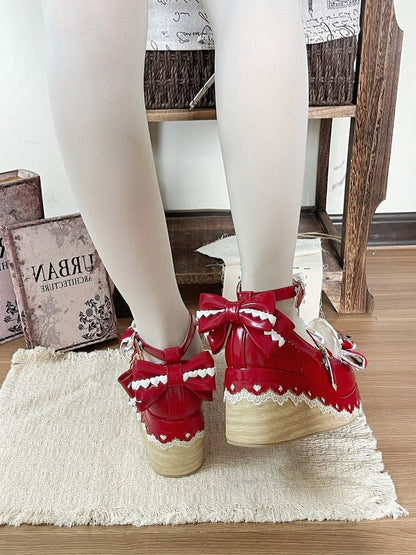 Wine Red Lace Bowknot Platform Shoes with Rabbit Ears - Cheese Mango