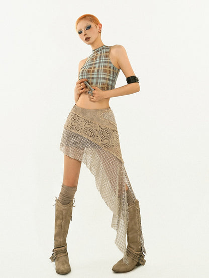 Punk Asymmetric Knit Patchwork Lace Light Brown Wasteland Built-in Shorts with Mini Skirt