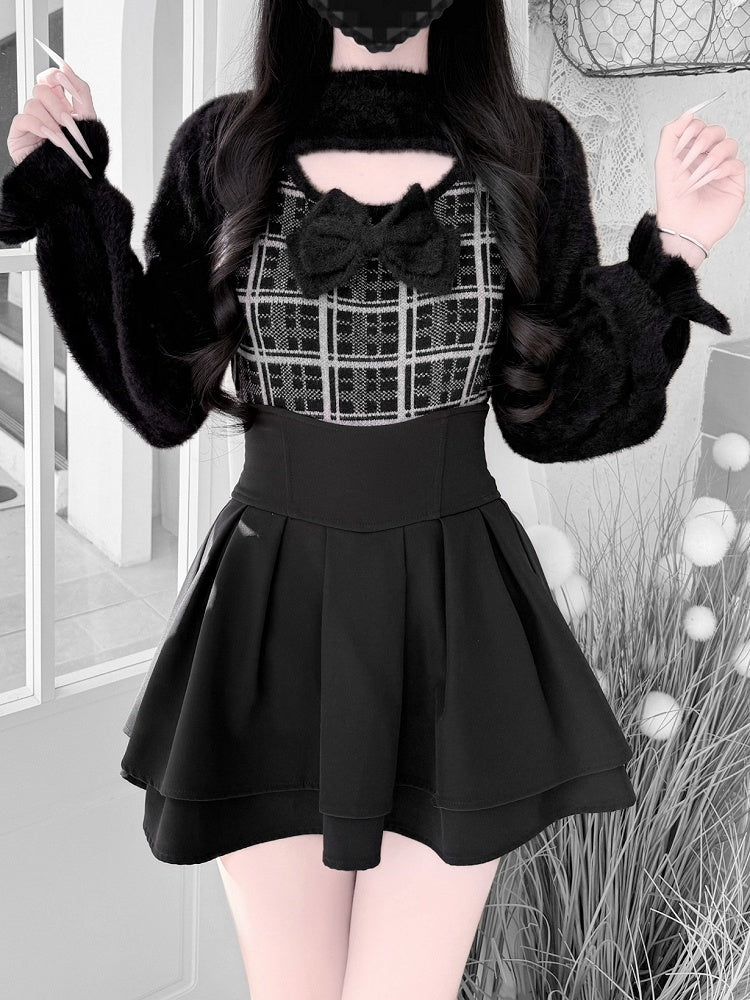 Landmine Mink Knit: Plush in Soft Open-Bust Gray Plaid Style Black Sweater