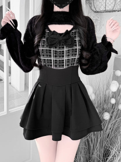 Landmine Mink Knit: Plush in Soft Open-Bust Gray Plaid Style Black Sweater