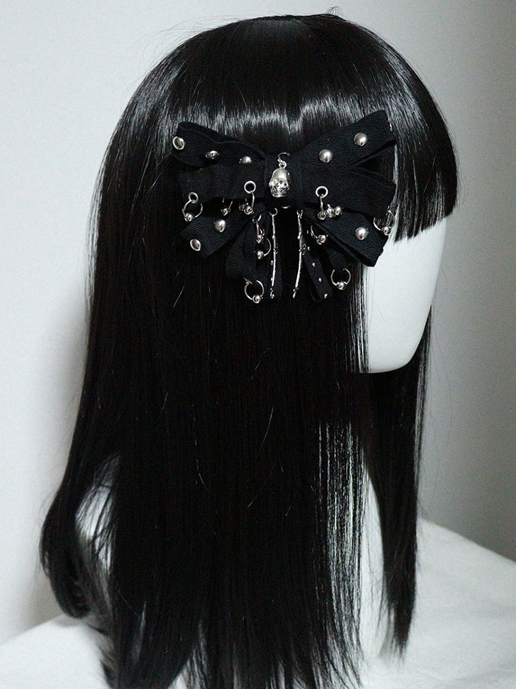 Hairclips Studs Punk Skeleton Black Bowknot with Details