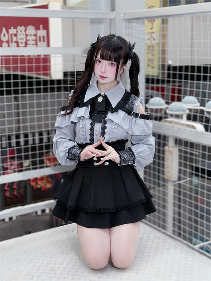 Long Blouse Sleeves Dusty Buttons Blue - Kei Sweetheart Jirai