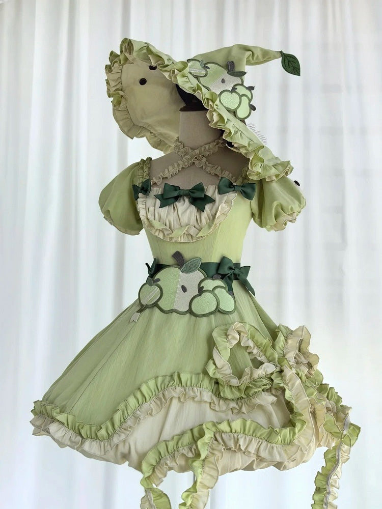 Green Ruffled Sweet Lolita Fluffy OP Dress Full Set