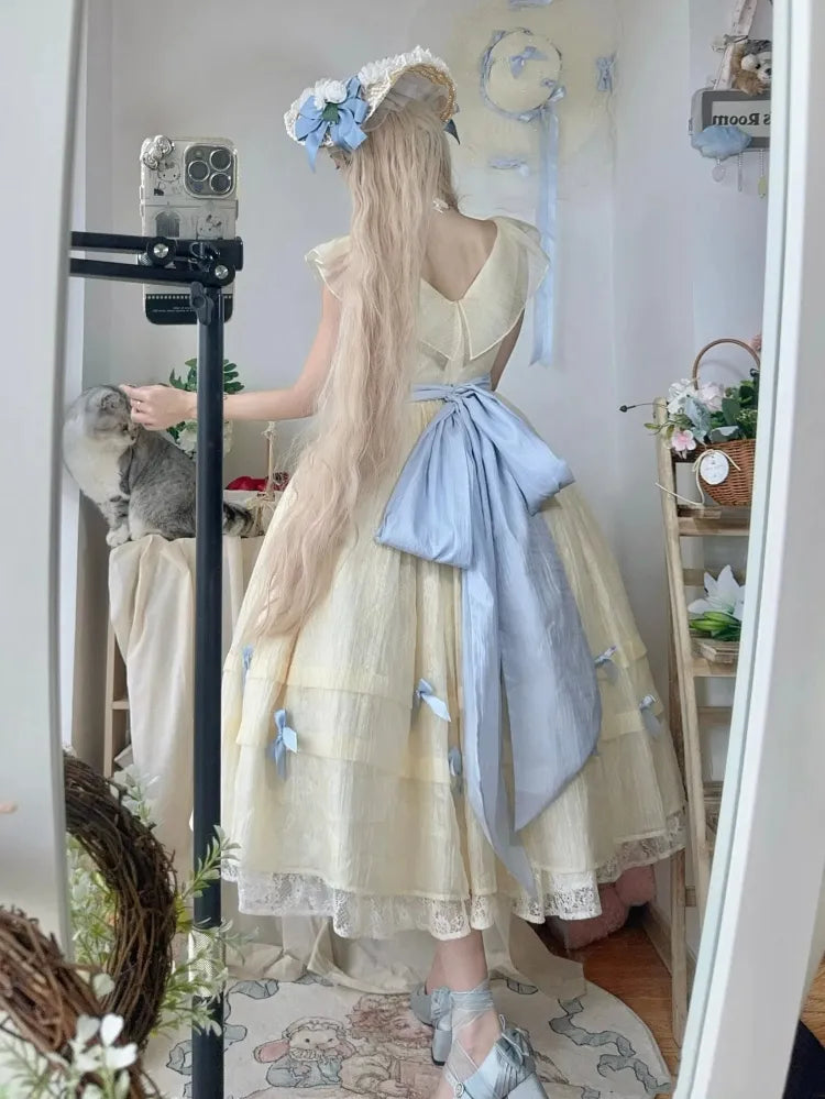 Lolita V-neck Blue Belle with Yellow Princess Detachable Dress Bows