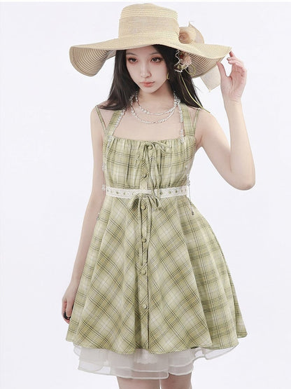 Green Plaid Halter Dress - PINK SAVIOR