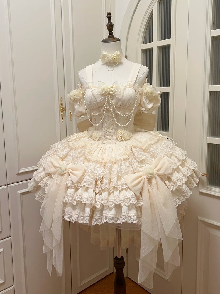 Hanayome Fairy Lolita Flower Basque Skirt Jumper Tiered Waist Hem Beige Dress