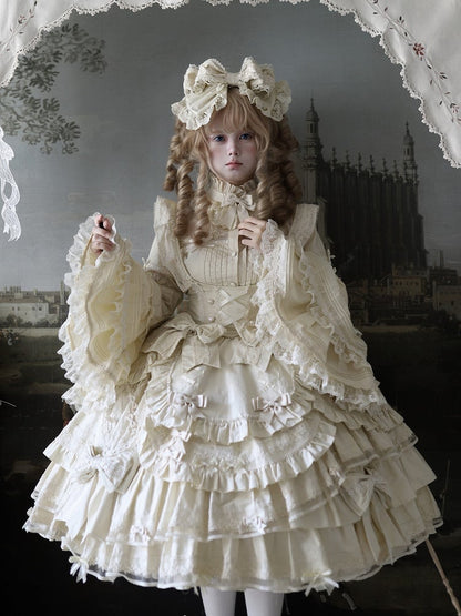Akzentkleid Beige, mehrlagiger Saum unter Rüschen, süßes Lolita-Kleid mit Schleife an der Brust